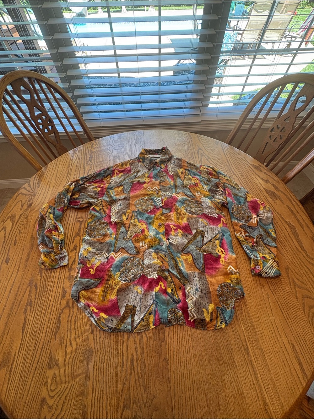 Vintage 80’s-90’s Harp Music Print Silk Blouse Top Size 10 Teal Gold Red